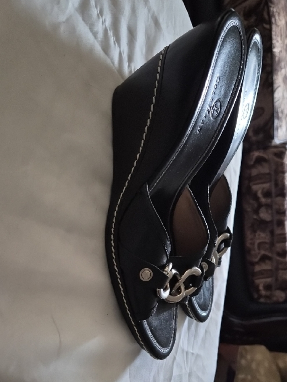 Black Cole Haan Slide Mules with Silver Chain Accent and Heel - Picture 3 of 5